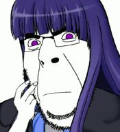 animated anime bbc bernkastel bracelet closed_mouth female finger_snap frown glasses hair hand purple_eyes purple_hair queen_of_hearts smile smirk smug soyjak stubble tattoo transformation umineko variant:cobson video_game // 775x849 // 148.8KB