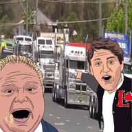 2soyjaks arm blue_eyes brown_hair canada clothes doug_ford fat flag freedom_convoy hair hand justin_trudeau open_mouth pointing redraw soyjak stubble truck variant:two_pointing_soyjaks white_skin yellow_hair // 1024x1024 // 164.4KB