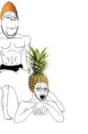 2soyjaks almond buff clothes food foodjak fruit full_body gay glasses hat looking_up nut open_mouth pineapple pinejak prostration smile soyjak stubble subvariant:wholesome_soyjak variant:gapejak variant:soyak // 1198x1831 // 591.3KB