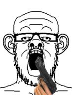 ear firearm glasses gun hand holding_gun holding_object holding_pistol mirrored pistol soyjak stretched_mouth stubble variant:a24_slowburn_soyjak weapon // 395x520 // 40.1KB