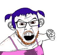 acne angry arm blue_hair brown_mustache brown_stubble clothes ear glasses hair hand holding_object mustache open_mouth soyjak stubble tranny variant:feraljak // 800x750 // 48.7KB