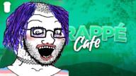 cafe clothes coffee flag frappe glasses hair lipstick makeup open_mouth purple_hair roblox soyjak stubble subvariant:crazed_troonjak subvariant:soyak_(crazed) text tranny variant:soyak // 1080x609 // 713.1KB
