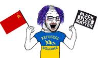 black_lives_matter clothes communism hammer_and_sickle hand_arm_holding hanging leg looking_down makeup multiple_soyjaks mustache necklace nordic_chad open_mouth purple_hair refugees_welcome rope russo_ukrainian_war soviet_union soyjak soyjak_comic star stubble subvariant:crazed_troonjak subvariant:soyak_(crazed) suicide text tongue tranny tshirt ukraine variant:bernd variant:soyak xi_jinping yellow_teeth // 1121x665 // 339.7KB