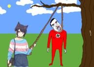 arm clothes grass hair hand hanging holding_object holding_rope leg lynching nazism opposite purple_eyes rope stubble swastika tranny transgender_flag tree variant:chudjak // 2100x1500 // 889.1KB