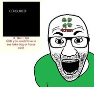 4chan censored clothes dog glasses horse nsfw open_mouth penis soyjak stubble text variant:el_perro_rabioso // 421x391 // 19.3KB