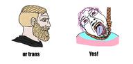 bloodshot_eyes chad crying dead flag glasses hair hanging mustache nordic_chad open_mouth purple_hair rope soyjak soyjak_comic stubble suicide text tongue tranny variant:bernd yellow_teeth // 2400x1150 // 536.6KB