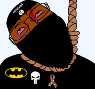 Warrior-Z(user) ack autism batman bloodshot_eyes brown_skin crying dead dress flag:isis glasses hanging isis islam jihad jihadist kratos punisher rope shitskin soyjak stubble suicide template tongue transparent_background variant:bernd // 768x719 // 45.5KB