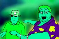 2soyjaks arm closed_mouth clothes crazed fat frown glasses glowing green_hair green_skin hair hat hawaiian_shirt jurassic_park looking_to_the_right open_mouth pointing soyjak stubble sunglasses teeth tshirt variant:cobson variant:dennis_nedry watch // 1908x1264 // 1.6MB