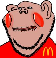 amerimutt artist:ilovy biting_lip black_sclera blush brown_skin clothes dean ear lips mcdonalds mutt red_shirt soyjak stubble subvariant:impish_amerimutt united_states variant:impish_soyak_ears // 598x628 // 69.4KB
