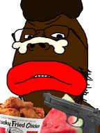 afro angry black_skin bone food glasses google gun hair irl kfc lips pistol soyblack soyjak stubble variant:gapejak watermelon // 600x800 // 242.2KB