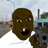 angry black_skin clothes gun hand holding_gun holding_object holding_pistol irl_background missing_teeth nigger open_mouth soyjak variant:feraljak yellow_sclera yellow_teeth // 1500x1500 // 932.5KB