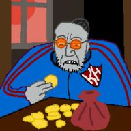 clothes coin counting five_nights_at_cobson's frown glasses grey_skin hat holding_object jewish_nose judaism kike kippah kolyma max_(user) orange_glasses red_sky sack stubble unhappy variant:unknown window // 256x256 // 14.4KB
