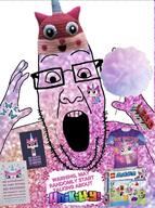 bang_(energy_drink) butterfly clothes cotton_candy get glasses hand hands_up hat holding_object lego meta:tagme open_mouth pink pink_shirt soyjak stubble tripes unikitty variant:ppp // 1001x1340 // 230.0KB