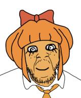 blue_eyes cartoon clothes crazed eyelashes female hair mymy ongezellig orange_hair orange_skin smile soyjak stubble variant:feraljak // 1000x1200 // 54.0KB