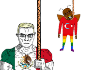 2soyjaks a10_eyes angry antenna blond bloodshot_eyes blue_eyes buff clothes cockroach country cross_eyed derp eyebrows faggot fist flag flag:lgbt_pride_flag flag:mexico flag:transgender_pride_flag flag:turkiye forehead_lines front_facing full_body genital_mutilation glasses gums hanging holding_object looking_to_the_right lynching mexiaryan mexico muscles muscular_male noose nose open_mouth roach rope rotten_teeth soyjak stubble subvariant:feraljak_front subvariant:muscular_chud suicide tear tongue tongue_out tranny troon tshirt turk turkiye turkroach variant:chudjak variant:feraljak vein white_background wing // 2048x1536 // 438.4KB