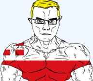 arm blue_eyes buff closed_mouth clothes flag flag:utrecht glasses hair netherlands soyjak subvariant:chudjak_front subvariant:muscular_chud transparent transparent_background tshirt utrecht variant:chudjak vein yellow_hair // 1059x929 // 36.9KB