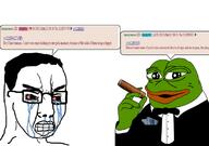 amphibian bloodshot_eyes cigar clenched_teeth clothes crying frog hair nas:pepe necktie pepe_the_frog pol_(4chan) soyjak speech_bubble text tuxedo variant:chudjak // 680x477 // 161.1KB