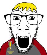 award badge clothes glasses nate open_mouth soyjak stubble text variant:dylanjak yellow_hair // 552x650 // 45.2KB