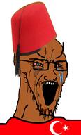 angry bloodshot_eyes brown_skin crying fez flag:turkiye glasses islam large_eyebrows open_mouth red_shirt soyjak stretched_mouth stubble turkiye variant:soyak // 785x1300 // 304.1KB