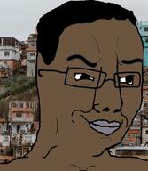 black_skin closed_mouth favela glasses hair irl_background smile smug soyjak variant:chudjak // 640x734 // 288.9KB