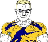 blue_eyes buff closed_mouth clothes cuba ear glasses hair meta:tagme soyjak subvariant:chudjak_front subvariant:muscular_chud tshirt variant:chudjak vein yellow_hair // 1059x929 // 92.6KB