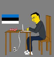 clothes computer estonia flag full_body small_eyes soyjak syringe typing variant:chudjak yellow_skin // 515x539 // 57.7KB