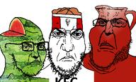 3soyjaks alternate angry bucket chicken closed_mouth food fried_chicken front_facing frown fruit glasses green_skin kfc kool-aid large_eyebrows looking_at_you looking_to_the_right punisher_face red_skin series:fruiterz! soyboy soyjak stubble subvariant:gapejak_front subvariant:soyak_34 text trio variant:gapejak variant:markiplier_soyjak2 variant:soyak watermelon white_background wojak wrinkles // 1200x717 // 373.6KB