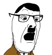 adolf_hitler clothes glasses hair looking_to_the_right mustache necktie open_mouth soyjak stubble suit suit_and_tie teeth variant:smoshjak // 652x693 // 57.9KB