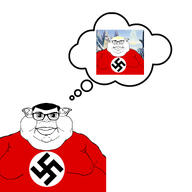 a10_eyes big_lips blond blue_eyes closed_mouth fat flag:nazi_germany hair hyperborea mutt nazism red_shirt subvariant:branigger swastika thought_bubble trend:aryan ugly variant:brandon // 3464x3464 // 716.0KB