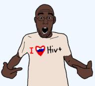 aids arm black_skin clothes ear glasses hand heart i_love open_mouth pointing russia soyjak stubble text tshirt variant:shirtjak // 618x559 // 59.6KB