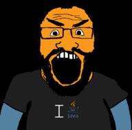 angry arm balding beard blue clothes glasses hair i_love java open_mouth orange programming soyjak subvariant:science_lover text tshirt variant:markiplier_soyjak // 800x789 // 44.4KB