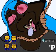 'p award blue_hair brown_skin deformed grey_shirt jartybooru jartycuck logo meta:op_took_a_selfie_of_xerself p slopjak variant:bernd // 771x723 // 186.1KB