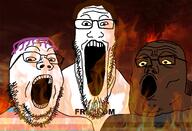 bald beard black_skin brown_hair burning charlie_kirk charlotte_fosgate clothes dead fire flag:transgender_pride_flag george_floyd glasses hell hoodie nigger open_mouth purple_hair text tranny transgender_flag trend:soyjak_trio troon tshirt variant:gapejak variant:markiplier_soyjak variant:tony_soprano_soyjak white_shirt white_skin yellow_eyes // 1656x1127 // 1.0MB