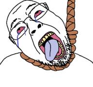 ack bloodshot_eyes crying dead glasses hanging open_mouth rope soyjak stubble suicide template tongue variant:bernd yellow_teeth // 768x719 // 29.9KB