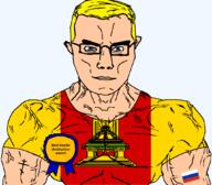 arm award blue_eyes buff christianity closed_mouth clothes cross eastern_orthodox eyes_like_the_o-o-cean flag flag:russia flag:tver_oblast glasses hair oblast orthodox_cross russia soyjak subvariant:chudjak_front subvariant:muscular_chud text tourist transparent transparent_background tshirt tver_oblast variant:chudjak vein yellow_hair // 1059x929 // 85.8KB