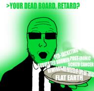 arm clothes glasses glowing green_skin greentext hand holding_object holding_plate impact_font necktie open_mouth plate soyjak stubble suit sunglasses text trend:glowie variant:platejak // 1366x1318 // 421.9KB