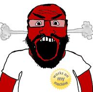 angry beard clothes fume g_(4chan) glasses open_mouth red_skin smoke soyjak subvariant:science_lover technology tshirt variant:markiplier_soyjak works_on_my_machine // 800x789 // 134.0KB