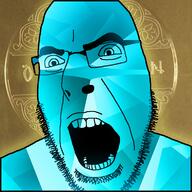 angry blue_skin gem glasses gold irl_background open_mouth soyjak stubble variant:cobson yellow_background // 721x720 // 402.8KB