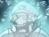 bloodshot_eyes cap clothes gem gems glasses glowing hat mustache open_mouth overalls red_eyes shocked stubble tongue variant:wahjak // 745x563 // 486.8KB