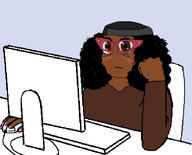 beanie black_skin blush chair closed_mouth clothes computer computer_mouse curly_hair eyebags eyelashes female fist glasses keyboard monitor nails negress neutral nigger sitting subvariant:soyniqua variant:soytan