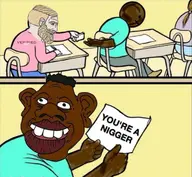 afro big_ears big_lips brown_skin chad classroom comic holding_object meta:not_oc nas:nordic_chad nas:tyrone nas:yes_chad negro nigger paper text trend:aryan verified // 959x884 // 120.5KB