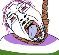 ack bloodshot_eyes clothes crying dead flag genderqueeer glasses hair hanging mustache open_mouth purple_hair rope shoe skirt stubble suicide tongue tranny tshirt variant:bernd yellow_teeth // 768x719 // 49.5KB