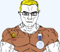 arm award blond blue_eyes brown_shirt buff civilization closed_mouth clothes freeciv gem glasses hair soyjak subvariant:chudjak_front subvariant:muscular_chud transparent_background tshirt variant:chudjak vein // 1059x929 // 92.6KB