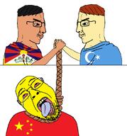 ack bloodshot_eyes brown_skin china closed_mouth crying east_turkestan flag glasses hair hand handshake open_mouth red_hair rope side_profile stubble tibet uyghur variant:bernd variant:chudjak yellow_skin yellow_teeth // 1560x1677 // 119.4KB