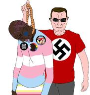 a10_eyes antifa black_lives_matter blue_eyes boylover_symbol brown_skin chud flag:lgbt_pride_flag flag:minor_attracted_person flag:transgender_pride_flag glasses hanging meta:tagme purple_hair rope shades smile soyjak stubble subvariant:chudjak_front tranny troon variant:bernd variant:chudjak // 2382x2510 // 570.5KB