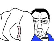 clothes fingernail gesture glasses got_your_nose hair hand prank smirk smug soyjak subvariant:chuddy variant:chudjak white_background white_skin // 640x480 // 97.3KB