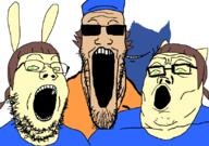 4soyjaks animal bemani brown_hair cat clothes green_eyes hair hatena_(pop'n_music) konami large_mouth mimi_(pop'n_music) mzd_(pop'n_music) no_eyebrows no_eyes no_nose nyami_(pop'n_music) open_mouth pop'n_music rabbit soyjak soyjak_trio spirit stretched_mouth stubble variant:gapejak variant:impish_soyak_ears variant:markiplier_soyjak variant:tony_soprano_soyjak // 828x581 // 18.2KB