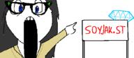 banner blue_eyes clothes eyes_like_the_o-o-cean gem glasses hair open_mouth pointing sign soyjak_st teeth text variant:soytan // 478x208 // 15.4KB
