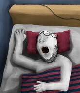 arm artist:cannedpocket bed blanket closed_eyes glasses hand open_mouth pillow shading shadow sleeping soyjak string stubble teeth variant:gapejak wall // 1200x1400 // 1.6MB