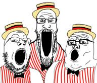 3soyjaks barbershop_quartet bowtie clothes glasses hat open_mouth singing soyjak stubble trend:soyjak_trio variant:gapejak variant:markiplier_soyjak variant:tony_soprano_soyjak // 968x832 // 22.9KB